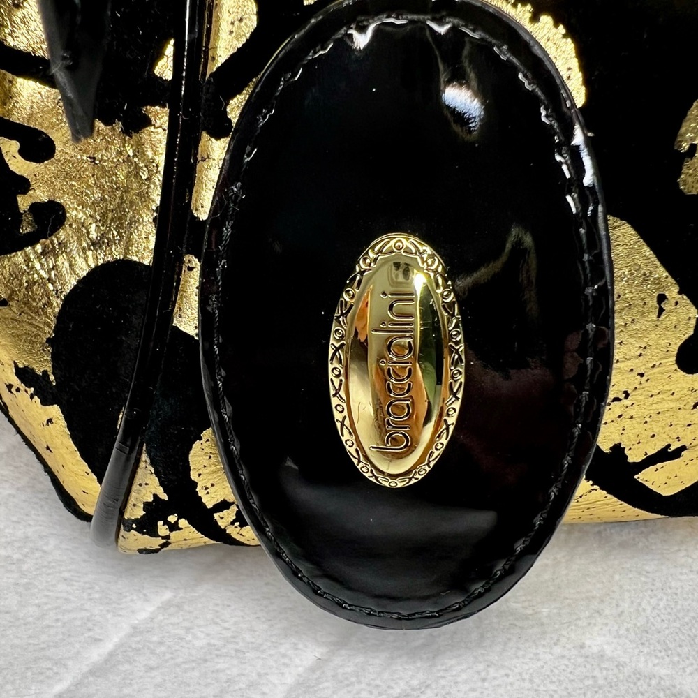 BRACCIALINI BLACK PATENT LEATHER AND GOLD HANDBAG MADE IN ITALY EUC - Picture 3 of 11